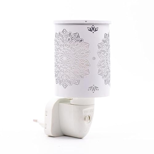 Candle-Brothers Lámpara aromática Mandala, lámpara aromática con luz LED, termoestable y hierro, luz de ambiente, color blanco/plata