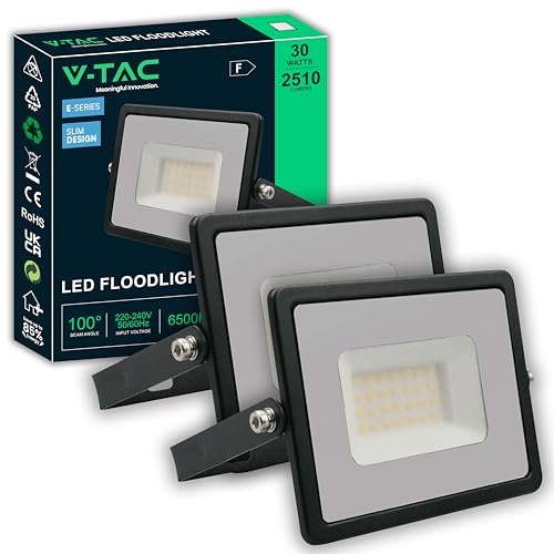 V-TAC 2x Fari LED da Esterno 30W - [ E-SERIES - ALTE PERFORMANCE ] - 2 PEZZI - Design Moderno - 2510 Lumen - IP65 - Proiettore per Casa, Garage, Magazzino - Impermeabile - Luce Fredda 6500K