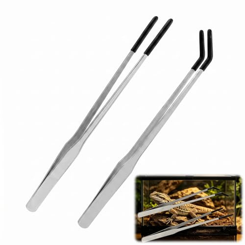 Extra Long 10.6 Reptile Feeding Tongs with Rubber Tips, 2-Pack Axolotl Tank Accessories Straight/Curved Snake Accessories for Vivarium, Stainless Steel Long Tweezers for Aquarium, Bearded Dragons