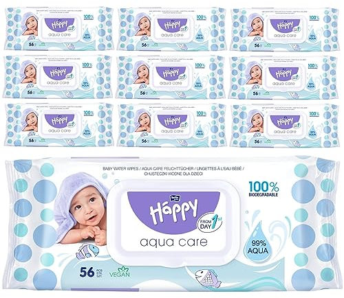 bella baby Happy Aqua Care Feuchttücher, 10er Pack (10x56 Stück), 100% biologisch abbaubar, 99% Wasser, ab dem 1. Lebenstag