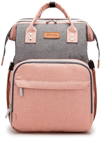 FANDARE Blöjryggsäck skötväska baby skötryggsäckar bärbar reseblöjväska med vikbar barnsäng babysängryggsäck resväska för mamma pappa skötväska barnvagn med USB-laddningsport, Grårosa, L