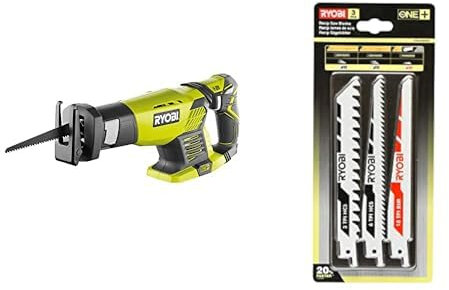RYOBI - Scie Sabre 18V ONE+ - Course de Lame 22mm - Capacité Coupe 18cm - Patin Ajustable, Poignée Gripzone, Anti-Vibration - Changement de Lame sans Outil & Blister 3 lames spéciales scie sabre