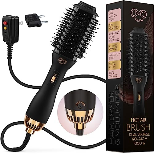 Manual Dual Voltage Blowout Hair Dryer Brush, Professional Hot Air Brush for European Travel 110V-120V/220V-240V, Black Gold Dryer and Volumizer for Women, 2.4 INCHES Oval Shape