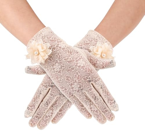 Mikovivi Gants en Dentelle Courts pour Femme - Gants de Thé, Mariage, Soirée, Bal de Promo, Cosplay (Beige)