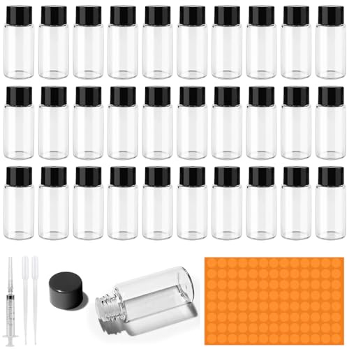 Amentalove 30 stycken 5 ml prov glasflaskor miniglasflaskor tom glasflaska, transparent glasflaska med pipettspruta klistermärke, miniflaskor för eterisk olja parfym aromaterapi