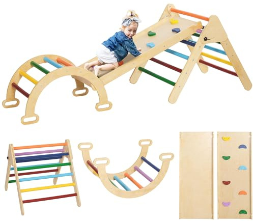 AIYAPLAY Toddler Climbing Frame, 5 In 1 Wooden Indoor Climbing Frame with Ramp, Arch, Foldable Play Triangle Set for Kids 18-48 Months, Multicoloured