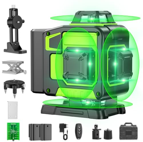 Nivel Laser Autonivelante 360 Grados, Nivel Láser Verde 16 Líneas, 2 x 360 Horizontal y 2 x 360 Verticales, 2 x Batería, Montaje en Pared, Control Remoto, Base Magnética, Soporte Giratorio