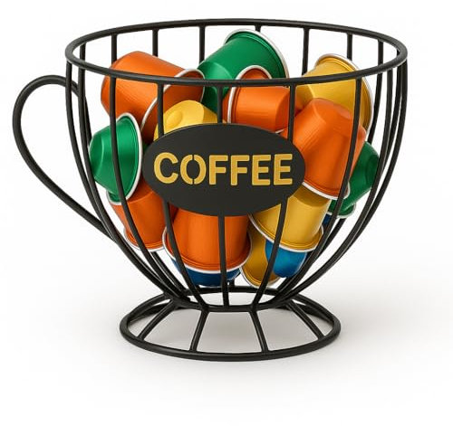 Coffee Pod Holder Cup Shape – Black Wire Espresso Capsule Storage Basket for Counter or Coffee Bar – Holds 20–25 Pods – Vintage Iron Organiser for Kitchen, Tea Station, Office or Hotel Use