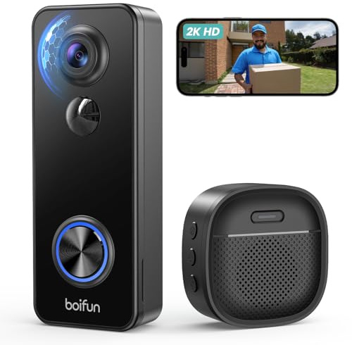 BOIFUN Video Doorbell Camera Wireless, 180° Wide View, 2K HD, No Subscription, AI Human Detection, Head-to-Toe, HDR Night Vision, Two-Way Audio, Battery Powered with Chime, 2.4 GHz Wi-Fi Only