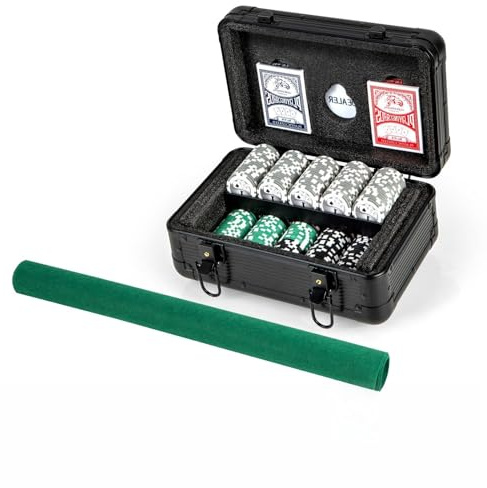 GOPLUS 300 Pcs Malette Poker avec en Aluminium, 2 Paquets de Cartes, Tapis en Feutre,Jetons de Casino avec Nombres et Dénominations pour Texas Hold'em, Blackjack (Noir,29x20x16CM)