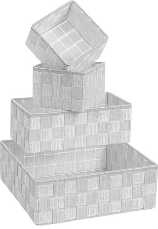 TIENDA EURASIA – Set de 4 Cestas Organizadoras | Medidas 28x28x10 cm 26x13x9 cm y 2 de 13x13x9 cm | Material Tela y Fibra Sintética Trenzada | Forma Rectangular y Cuadrado (Blanco)