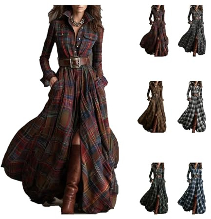 Robe chemise à carreaux maxi, robe chemise maxi pour femmes à manches longues boutonnée sur le devant, robes maxi à carreaux col en V boutonnée fendue avec poches, style cowboy rétro occidental