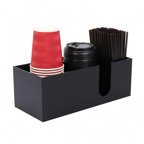 Punorric 3-Compartment Coffee Station Organizer - Acrylic Coffee Cup Holder & Bar Caddy, Black Coffee Bar Accessories Counter Top Storage for Cups/Capsules/Lids/Straws/Home/Office/Café