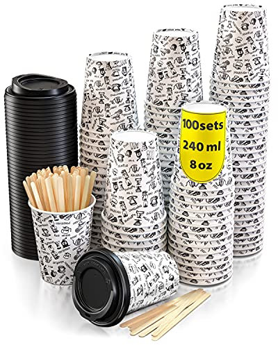100 Gobelets Carton pour Café à Emporter - Tasse 240ml avec Couvercles et Agitateurs en Bois pour Servir le Café, le Thé, des Boissons Chaudes et Froides
