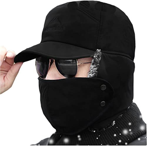 BXT 3 in 1 Thermal Fur Lined Trapper Hat with Ear Flap Full Face Neck Warmer All-Around Windproof Warm Insulated Winter Baseball Cap Cycling Snow Ski Snowboard?Bomber Hat Schwarz