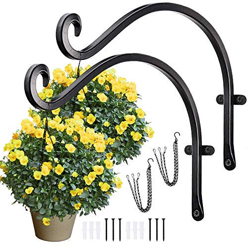 2 Pack 12 Inch Black Wall Hanging Hooks Heavy Duty Iron Wall Hang Basket Brackets Plant Hooks with 2PCS Hangings Chains for Hanging Bird Feeders Wind Chime Lantern