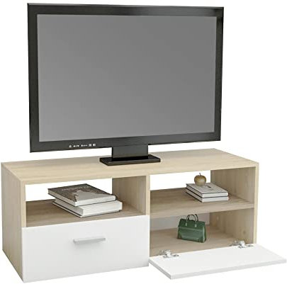 ML-Design TV-Lowboard aus Holz in Weiß/Natur 95x36x35cm, Modernes TV-Board mit Stauraum für Wohnzimmer, Fernsehschrank Stehend mit 2 Klapptüren und 2 offenen Fächern, Fernsehtisch Sideboard TV-Schrank