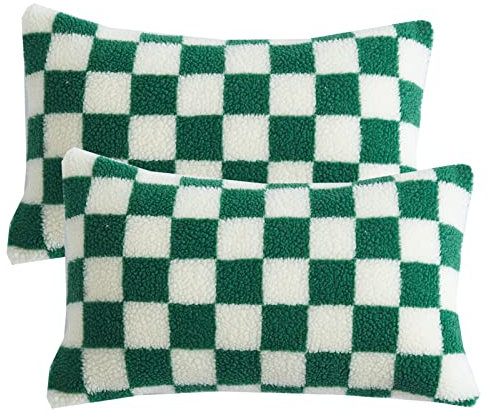 HOSTECCO Schachbrett-Kissenbezüge, 30,5 x 50,8 cm, Kunstfell, weich, Sherpa, Bauernhaus, dekorative Kissenbezüge für Sofa, Couch, Grün, 2 Stück