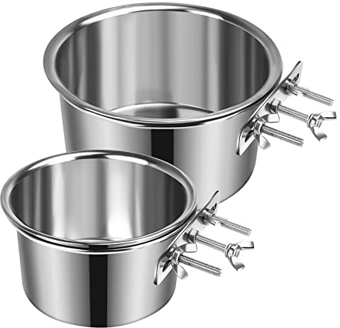 2 Pcs Large Dog Food Water Bowl for Cage with Upgraded Clamp Holder, Pet Kennel Hanging Bowls Stainless Steel Detectable Bowls Crate Feeder Dish for Large Dogs (7.1x3.7'' & 5.1x2.7'')