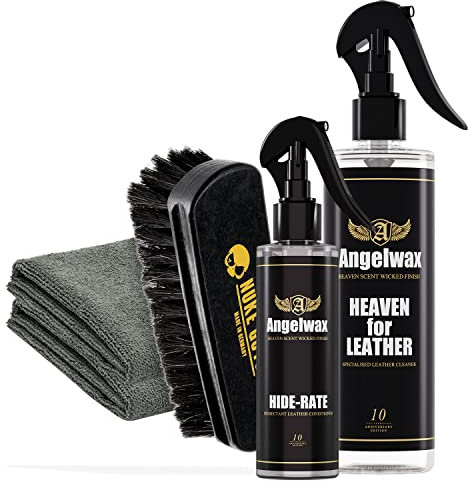 Auto Lederpflege Bundle - Angelwax Heaven for Leather Cleaner & Conditioner 0,5L + Angelwax Hide Rate Leather Conditioner 0,25L + Nuke Guys Lederbürste + 2x detailmate Mikrofasertuch 380GSM