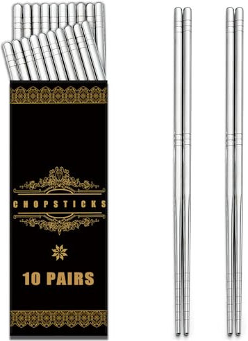 Bewos 10 paia di bacchette 8. 9inch, bacchette in acciaio inox, bacchette cinesi riutilizzabili, bacchette sushi,antiscivolo, lavabili in lavastoviglie