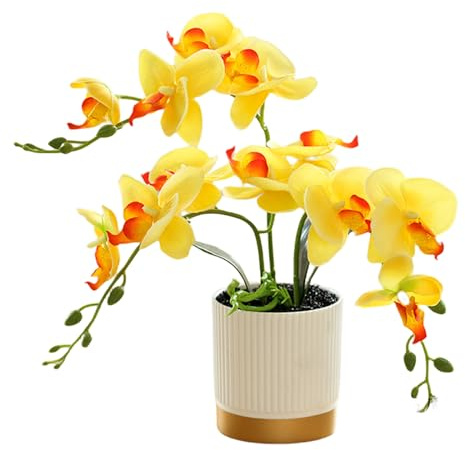 Orquídea Artificial Naranja de Tres Puntas en Maceta Dorada Flor Decorativa Phalaenopsis Amarilla Flor Mariposa Blanca de Imitación(Amarillo)