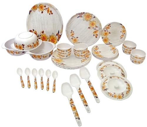 Service de table rond en mélamine 40 pièces – Blanc et jaune – Service de table imprimé pour cuisine