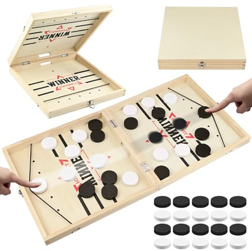 Hockey Brettspiel, 2 In 1 Winner Foosball, Faltbar Holz Schnelles Sling Puck Spiel, Super Puck Gewinnerspiel, mit 4 * Schlingen, Partyspiel Geschenke für Kinder/Erwachsene/Familie(2 Spieler)