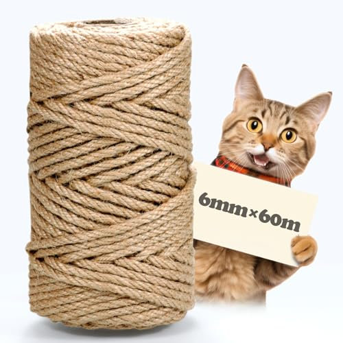MDDK DY Corde en sisal pour Arbre à Chat, 6 mm x 60 m, Corde en sisal Naturel, Corde à griffer, Renouvellement Griffes Chat - DIY Bricolage