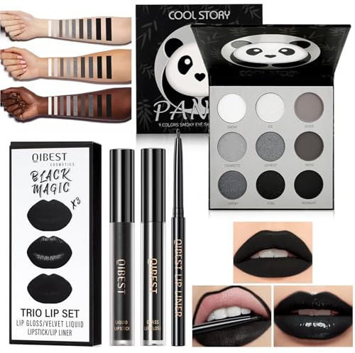 PANDA Palette Ombretti Nero Smokey, Trucco Gotico con 9 Colori Nero Argento Grigio Bianco, Kit Labbra 3-in-1 Impermeabile e a Lunga Tenuta per Ragazze e Donne