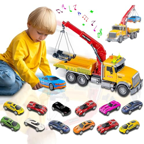 Xwin Sportseries Kids Tow Truck Toy Set with Die-Cast Cars – 14PCS Construction Vehicle Playset with Realistic Lights, Sounds, and Movable Crane for Boys & Girls Ages 3 and Up
