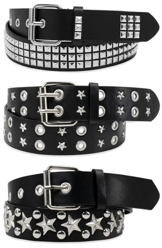 YOGEYOGE Black Studded Belt, 3 Pcs Y2K Belt Star Goth Punk Rock Double Grommet with Bright Pyramid Studded for Women Men
