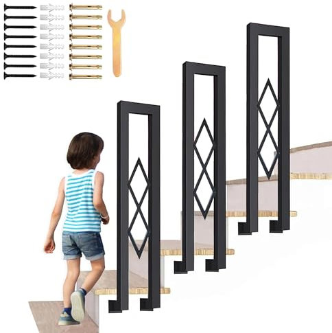 Ringhiera per Scale Interne a forma di U, Corrimano Laterale da 65-110 cm, Moderna Ringhiera in Ferro con Decorazione a Diamante Balaustra Sicurezza per Corridoio Balcone Soppalco (Nero, 75cm)