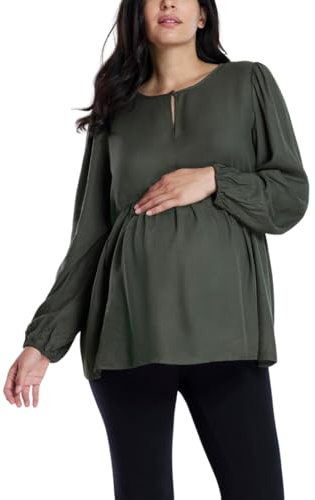 Motherhood Maternity Women’s Long Sleeve Empire Waist Keyhole Woven Pregnancy Blouse, Deep Depths, Large