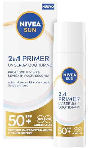 NIVEA SUN 2in1 Primer UV Serum Quotidiano SPF50+ 30 ml, Siero SPF 50+ viso per una pelle protetta e levigata, Protezione solare viso dal finish invisibile ideale come base per il make up