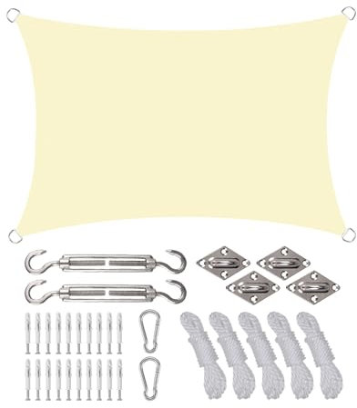 Rantizon Toldo Vela de Sombra Rectangular 2x3m, Toldo Vela Impermeable Exterior con Kits de Montaje, Protección Rayos UV y HDPE Transpirable, para Exteriores, Jardines, Patios, Marfil Claro
