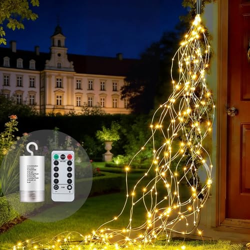 Yomistar - Guirnalda luminosa para árbol de Navidad, 2 m, 200 LED, luces de Navidad a pilas, con mando a distancia, 8 modos luminosos, cascada, impermeable, guirnalda de Navidad luminosa para
