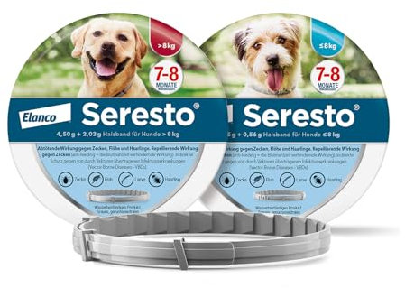Seresto Kombi-Set: 1 Zeckenhalsband für große Hunde ab 8 kg und 1 Zeckenhalsband für kleine Hunde bis 8 kg. Bis zu 7 bis 8 Monate wirksamer Schutz gegen Zecken und Flöhe für Ihre Haustiere