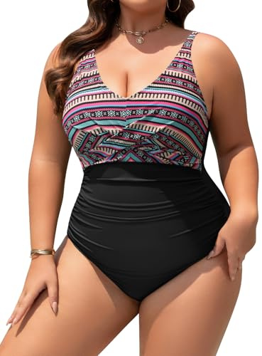UMIPUBO Bañador Mujer Talla Grande Traje de Baño de Una Pieza Reductores Vientre Plano Cuello en V Sexy Push Up con Relleno con Ropa(Multicolor,XL)