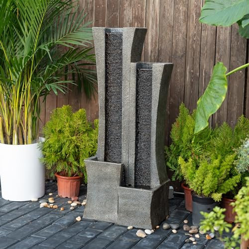 Fontaine D'Extérieur Moderne, Cascade D'Intérieur sur Pied avec Éclairage LED, 2 Colonnes Incurvées, pour Jardin, Terrasse, Porche, Maison, 101 Cm De Hauteur