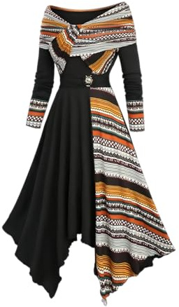 DRESSFO Women's Tribal Print Twist Dress – Ethnic Pattern Asymmetrical Mini Dress with Sun Buckle and Turn-Down Collar (Black/1X)
