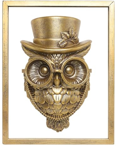 Newinhome Animal Heads Wall Decor (Includes Metal Frame) Halloween Resin Animals Sculptures Head Wall Hanging Decoration Gold vintage Wall Sculpture for Living Room Bedroom Office(Owl)