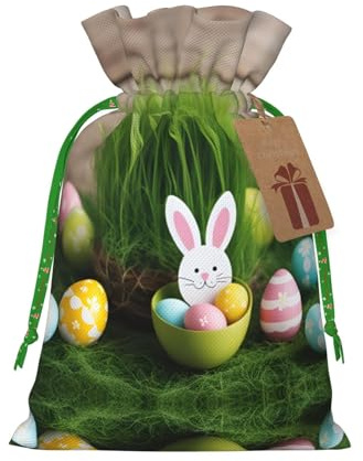 Easter Egg Bunny Grass Wooden Print Drawstring Pouch For Gifts,Reusable Adorable Gift Bags,Perfect For Jewelry And More