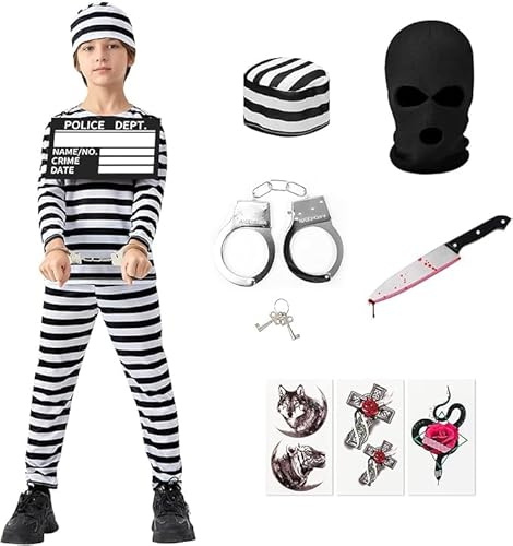 Lubolee Déguisement Prisonnier Enfant, Déguisement Carnaval pour Petit Garçon avec Uniforme de Prison, Plaque d'Identité Numérique, Menottes, Dague, Casquette et Autocollants (130)