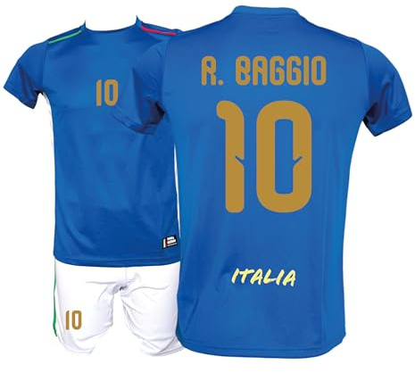 Generico Kit Maglia Italia Calcio R. Baggio 10 e Pantaloncino, Blu con Stampe in Oro, Replica Maglietta Nazionale Italiana, Taglie da Bambino (IT, età, 14 Anni, Regular)