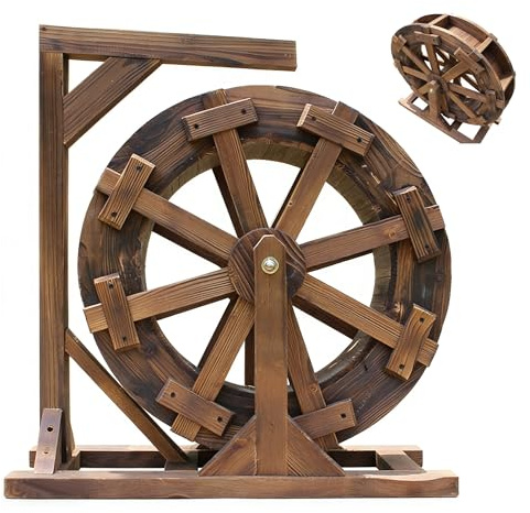 Fontana a ruota idraulica in legno con supporto, Fontana da giardino per esterni per la decorazione del patio, Ruota idraulica rustica per piscina e laghetto, Fontana ornamentale retrò(30cm)