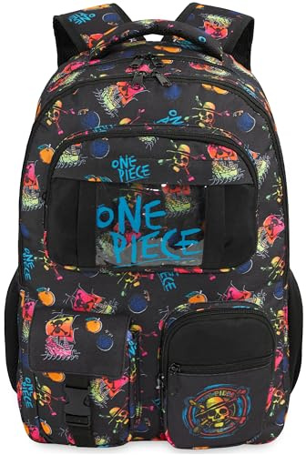 Get Trend One Piece Sac a Dos Enfant Garcon Adolescent, Cartable Fermeture Eclair et Rembourré avec Porte Clef, Cadeau Garcon (Noir One Piece)