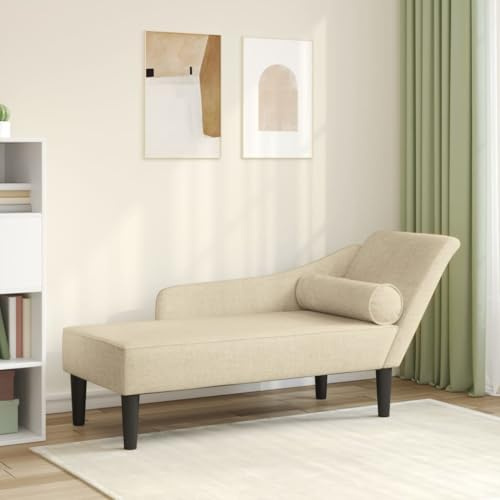 Drillkyn Chaiselong Recamiere med kudde gräddfärgat tyg, 141 x 55,5 x 66,5 cm, stoppning med mycket elastiskt skum, massiv träram, bekväm vilstol för vardagsrum, sovrum, läshörn