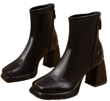 HESYSUAN Botines de tacón grueso con punta cuadrada para mujer, elegantes botines cortos de piel sintética con plataforma, tacones de bloque con cremallera trasera, botas de tacón alto informales y
