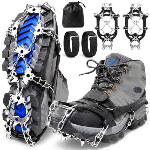 TEEMOO 24/32 Spikes Crampons for Hiking Boots, Snow Grips Ice Grippers Traction Anti Slip Stainless Steel Spikes for Shoes and Boot, Traction Crampons for Walking, Jogging, Climbing & Hiking